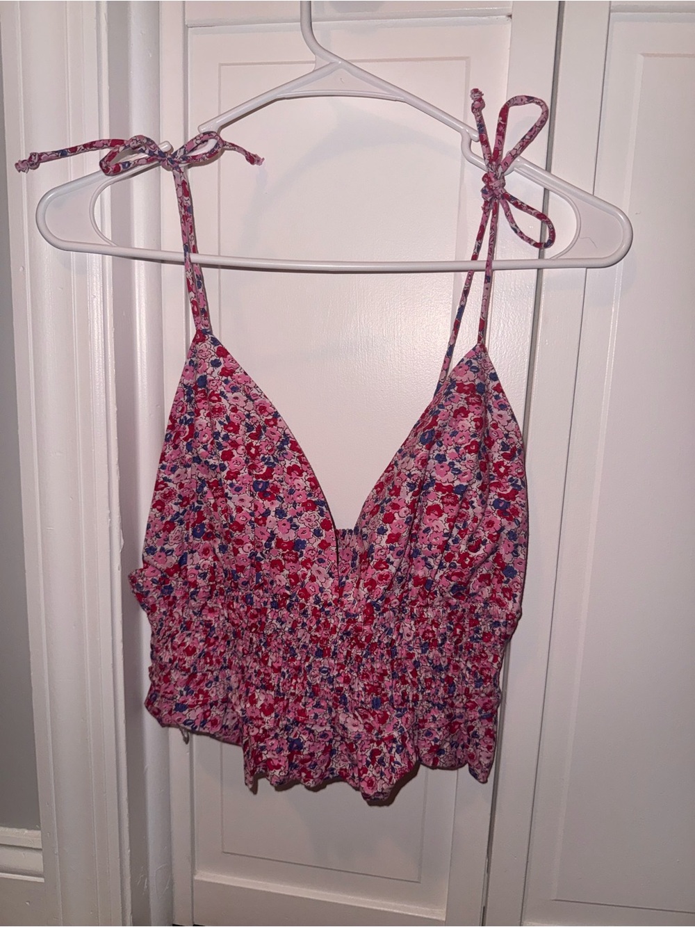 Floral Tie-Shoulder Smocked Pink Camisole